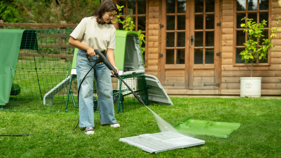 How to prevent and treat red mite - girl jet washing the Eglu Go Up