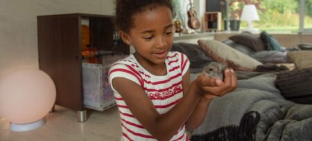 A girl holding her hamster with the Omlet Qute Gerbil and Hamster Cage in the background