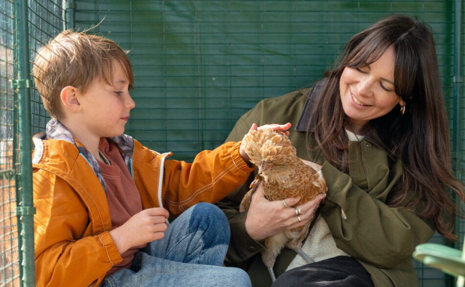 Woman and child petting chicken sat in Omlet Walk In Run