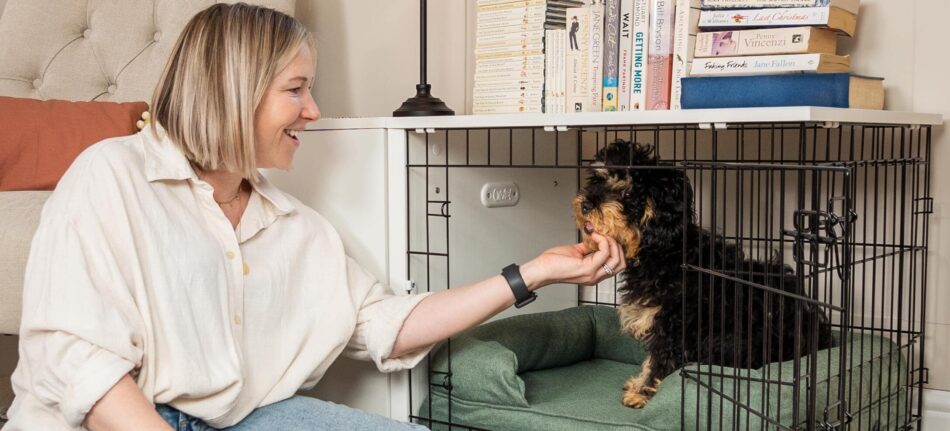 Femme qui caresse un chiot assis dans la niche pour chien Fido Studio d’Omlet