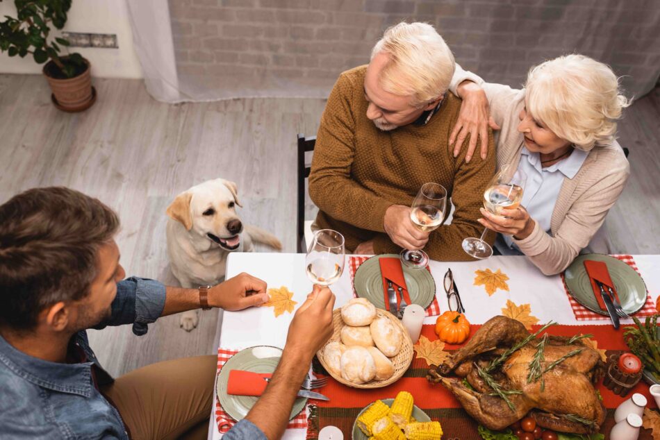 Family sat at Thanksgiving dinner with Labrador looking at them