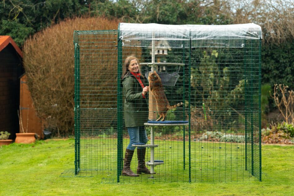 Woman outside with her cat using the Omlet outdoor Freestyle cat tree in Omlet catio