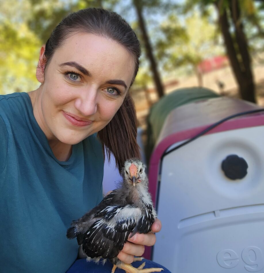 Alyssa holding a chick outside of her Omlet Eglu Go Up chicken coop