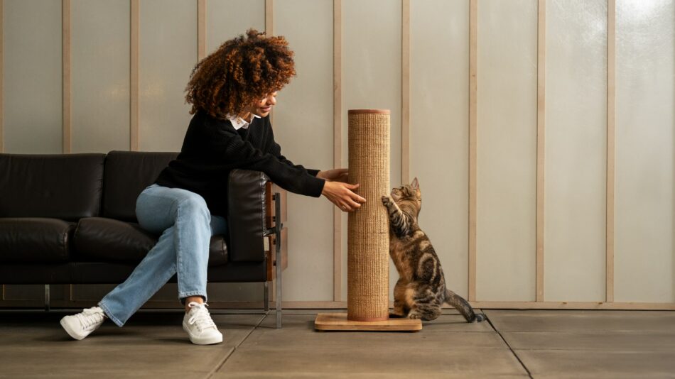 Cat and owner playing with the Switch Cat Scratcher