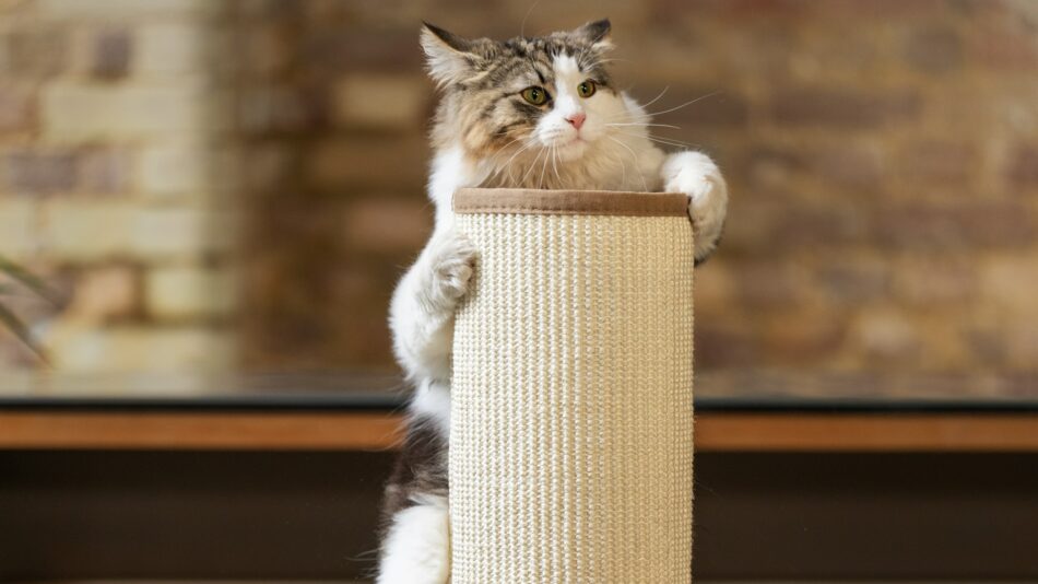 En katt klöser på toppen av klösträdet Switch från Omlet