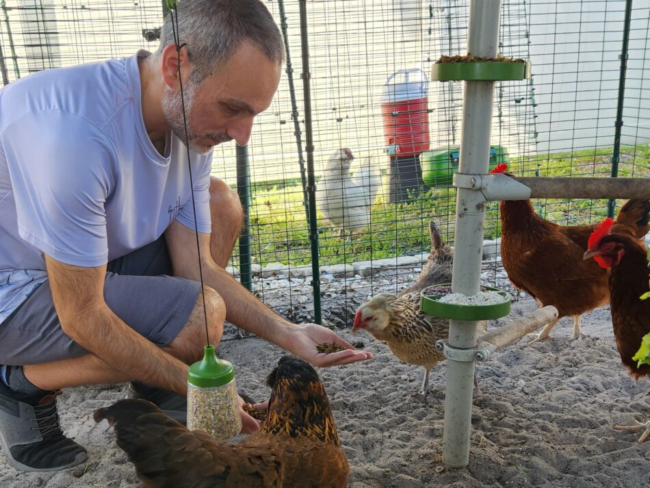Jeremy beim Füttern seiner Hühner im Walk In Hühnergehege