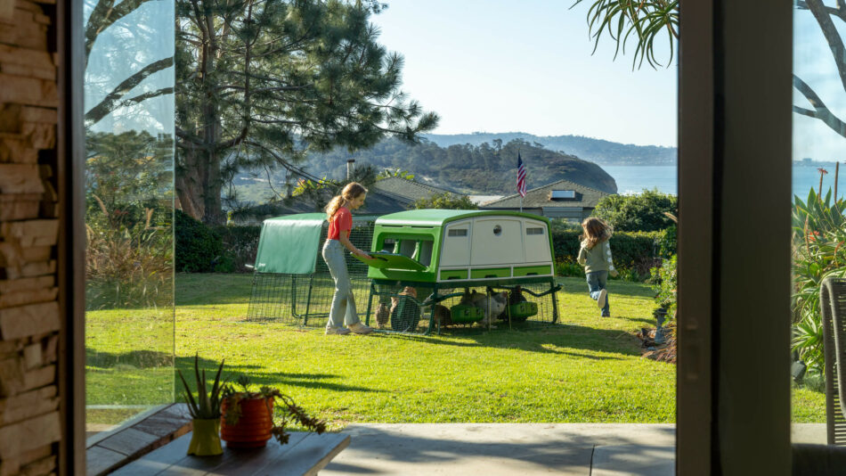 Eglu pro in the yard with two girls