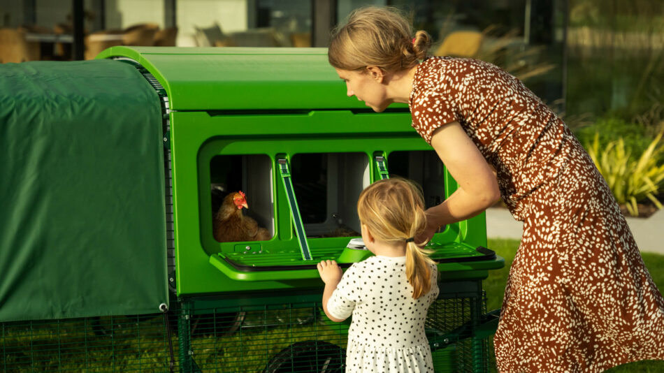 Woman and child looking at chicken in the Eglu Pro nesting box