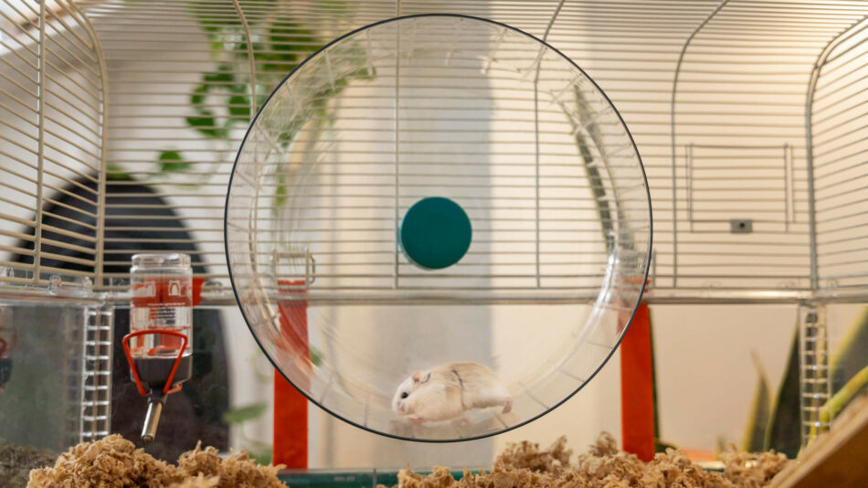 Hamster dans la roue d’exercice de la cage Hamster Home d’Omlet