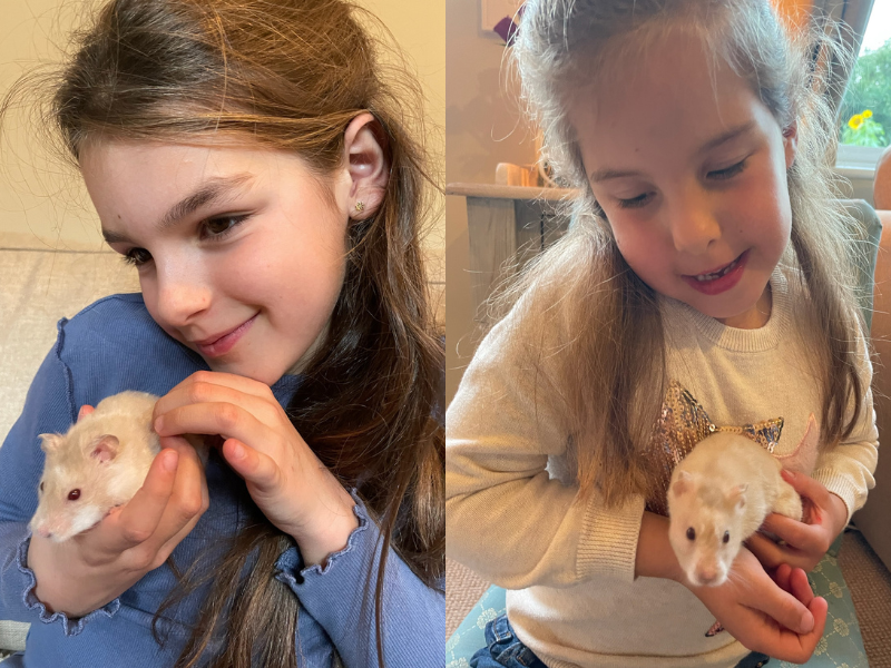 Girls holding their pet hamster