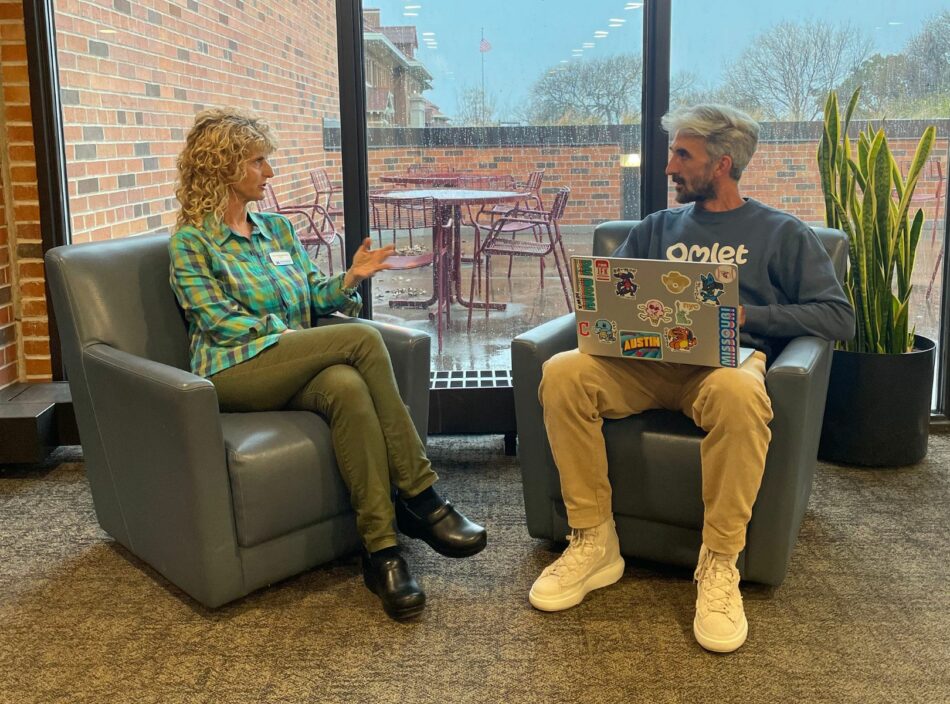 Tanya and Hanns sitting down for an interview.